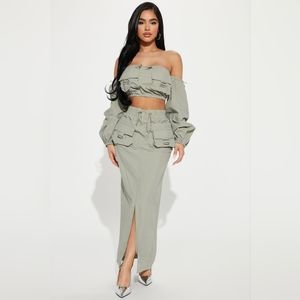 Bad Habits Maxi Cargo Skirt Set - Sage